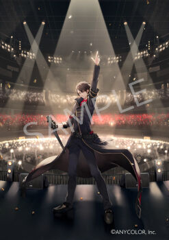 >:) 1boy aiguillette arm_up armband audience belt belt_buckle black_armband black_belt black_coat black_gloves black_pants black_shoes brown_eyes brown_hair buckle coat collared_shirt concert confetti copyright_notice cross_tie full_body fuyuomi gloves glowstick gradient_clothes gradient_coat hair_between_eyes high_collar holding holding_microphone_stand index_finger_raised indoors kagami_hayato long_coat looking_at_viewer male_focus microphone microphone_stand nijisanji official_art pants people red_coat red_shirt sample_watermark shirt shoes single_glove solo_focus speaker spotlight stage stage_lights standing tassel v-shaped_eyebrows vintage_microphone virtual_youtuber watermark
