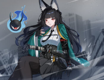 1girl absurdres animal_ear_fluff animal_ears aqua_jacket arm_out_of_sleeve black_hair black_necktie black_pantyhose black_skirt blunt_bangs breasts building cosmicveil cowboy_shot fingerless_gloves fox_ears fox_girl gauntlets gloves high-waist_skirt highres hoshimi_miyabi jacket katana large_breasts long_hair looking_at_viewer necktie outdoors pantyhose parted_lips red_eyes ruins shirt_tucked_in single_fingerless_glove single_gauntlet sitting skirt sword tailless_(zenless_zone_zero) weapon white_hair wind zenless_zone_zero