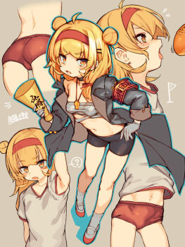 1girl ? ahoge arm_up armband armpits ass black_coat black_shorts blonde_hair bread bread_eating_race breasts buruma chest_sarashi choukou_(alicesoft) choukou_taisen_escalation_heroines coat copyright_name double_bun flag flying_sweatdrops food full_body gloves grey_background grey_gloves gym_shirt gym_uniform hair_bun hair_ornament hair_over_shoulder hairband hairclip haruhina_urara hisha_(imperial_crown) holding holding_megaphone lapels leaning_forward looking_at_food low_side_ponytail lower_body medium_hair megaphone midriff multiple_views navel official_art open_clothes open_coat open_mouth orange_eyes red_armband red_buruma red_hairband red_shoes sarashi shirt shoes short_shorts short_sleeves shorts side_ponytail simple_background small_breasts socks speech_bubble spoken_question_mark sports_festival tongue tongue_out upper_body white_shirt white_socks