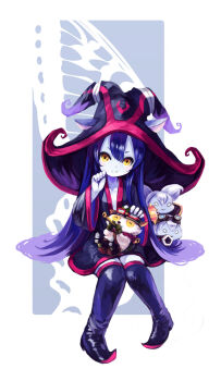 1boy 3girls anocco blue_hair blue_skin boots chibi colored_skin ears_through_headwear hat league_of_legends long_hair lulu_(league_of_legends) multiple_girls poppy_(league_of_legends) smile teemo thigh_boots thighhighs tristana_(league_of_legends) wicked_lulu witch_hat yellow_eyes yordle