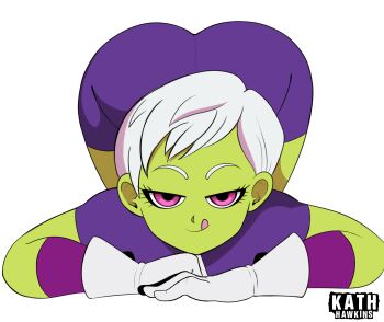 1girl absurdres ass ass_focus cheelai colored_skin dragon_ball dragon_ball_super dragon_ball_super_broly female_focus gloves green_skin highres huge_ass kath_hawkins looking_at_viewer pink_eyes short_hair simple_background source_request tagme tongue tongue_out white_background white_gloves white_hair