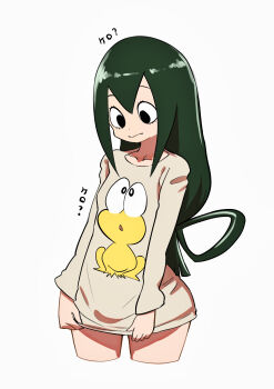 1girl absurdres animal_print asui_tsuyu black_eyes black_hair boku_no_hero_academia brown_shirt cropped_legs dokonjou_gaeru frog_print hanten_(hantennano) highres long_hair long_sleeves low-tied_long_hair pyonkichi shirt shirt_hold simple_background standing trait_connection translated very_long_hair white_background