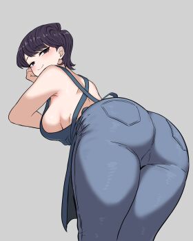 1girl absurdres apron armpits ass back bent_over black_eyes black_hair blush breasts come_hither commentary cowboy_shot denim english_commentary from_behind grey_background grin hand_on_own_cheek hand_on_own_face hanging_breasts highres housewife huge_ass ishinabe_art jeans komi-san_wa_komyushou_desu komi_shuuko large_breasts looking_at_viewer looking_back mature_female nearly_naked_apron overalls pants seductive_gaze seductive_smile short_hair sideboob simple_background smile solo thick_thighs thighs