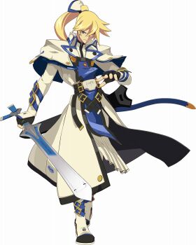 1boy 3d arc_system_works blonde_hair blue_eyes capelet fingerless_gloves gloves guilty_gear guilty_gear_xrd hand_on_hilt highres ky_kiske long_coat long_hair male_focus official_art ponytail scabbard sheath sheathed solo sword textless_version weapon