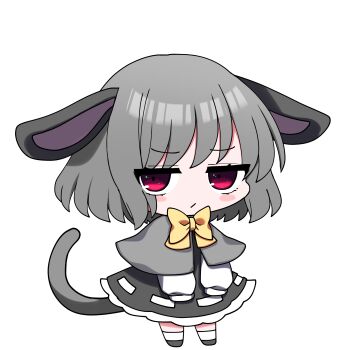 1girl absurdres animal_ears blush_stickers capelet chibi closed_mouth commentary_request double_v dress flying_sweatdrops grey_capelet grey_hair hands_up highres long_sleeves medium_hair mouse_ears mouse_girl mouse_tail nazrin no_nose puffy_long_sleeves puffy_sleeves red_eyes socks solo standing tail tail_wagging touhou transparent_background v white_socks you_(noanoamoemoe)