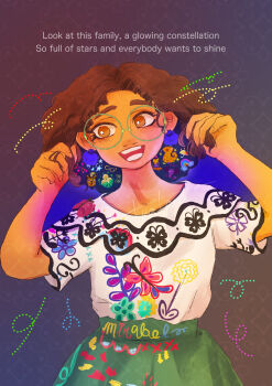 1girl brown_eyes brown_hair colombian_clothes commentary_request curly_hair dark-skinned_female dark_skin earrings encanto glasses green-framed_eyewear highres hourglass_print jewelry mirabel_madrigal pom_pom_(clothes) pom_pom_earrings round_eyewear shirt short_hair simple_background skirt smile solo tora1030 white_shirt