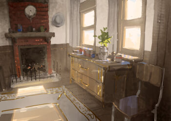 absurdres carpet chair chest_of_drawers clock curtains day ddal embers fireplace firewood grey_hat hat highres indoors no_humans original sunlight unworn_hat unworn_headwear wall_clock window wooden_floor