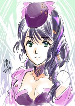 1girl 2019 blue_hair breasts choujikuu_yousai_macross cleavage closed_mouth dress green_eyes hat long_hair looking_at_viewer lynn_minmay macross marufuji_hirotaka retro_artstyle smile solo