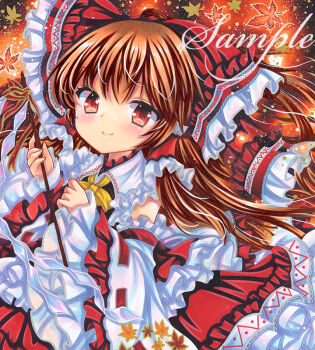 1girl autumn_leaves bow brown_hair detached_sleeves frills gohei hair_bow hakurei_reimu holding holding_gohei leaf long_hair long_sleeves marker_(medium) red_bow red_eyes ribbon-trimmed_sleeves ribbon_trim rui_(sugar3) sample_watermark smile solo touhou traditional_media upper_body watermark white_sleeves wide_sleeves