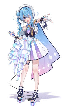 1girl blue_eyes blue_hair blush bow bowtie cape fingerless_gloves full_body gloves highres holding holding_microphone hololive hoshimachi_suisei idol_clothes looking_at_viewer microphone one_eye_closed one_side_up open_mouth platform_sandals purple_bow purple_bowtie ribbon sandals single_bare_shoulder sparkle thigh_strap virtual_youtuber white_background white_gloves wrist_ribbon yuuyu_(moco20111115)
