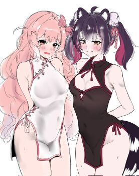 2girls black_hair blush bow breasts center_opening chinese_clothes cleavage cleavage_cutout clothing_cutout cupid embarrassed hair_bow hair_bun hair_ornament hairpin heart heart_hair_ornament heart_hairpin heartsync highres indie_virtual_youtuber kazamaware kumu_cotton multicolored_hair multiple_girls orange_eyes pink_hair raccoon_girl raccoon_tail raki_kazuki red_hair smile sweat tail thighs thighs_together two-tone_hair virtual_youtuber white_hair