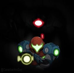 1girl animated arm_cannon armor behind_another e.m.m.i. glowing helmet metroid metroid_dread nintendo power_armor robot samus_aran video visor weapon