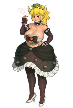 1girl armlet bare_shoulders borrowed_character bowser_logo bowsette bracelet breasts choker cleavage crown elbow_gloves female_focus forked_eyebrows full_body gloves hard-degenerate high_heels highres horns jewelry large_breasts mario_(series) new_super_mario_bros._u_deluxe nintendo simple_background skirt smile solo spiked_armlet spiked_bracelet spiked_choker spikes standing super_crown thick_eyebrows thighhighs