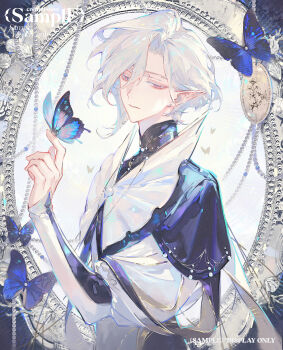 Rule 34 | 1boy, absurdres, asymmetrical bangs, beads, blue butterfly, bug, butterfly, butterfly on hand, capelet, colored eyelashes, earrings, eyelashes, gem, highres, insect, jewelry, long sleeves, looking at animal, male focus, mandarin collar, necklace, original, parted bangs, parted lips, pearl (gemstone), pointy ears, renjian shilian, sample watermark, short hair, solo, stud earrings, upper body, watermark, white eyelashes, white hair