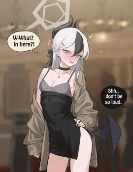 1girl absurdres armpit_crease black_dress black_hair blue_archive blush breasts brown_cardigan cardigan cleavage collarbone commentary demon_horns demon_wings dress earrings english_commentary english_text grey_hair hair_between_eyes halo highres horns indoors jewelry kayoko_(blue_archive) kayoko_(dress)_(blue_archive) looking_at_viewer medium_breasts mole mole_on_collarbone multicolored_hair nose_blush official_alternate_costume paid_reward_available retoposy silhouette single_bare_shoulder single_wing sleeveless sleeveless_dress solo_focus speech_bubble thighs two-tone_hair wings