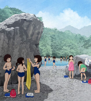 3girls 6+girls blue_one-piece_swimsuit breasts changing_clothes day dressing kiyo_(kyokyo1220) multiple_girls naked_towel nipples one-piece_swimsuit original outdoors river school_swimsuit swimsuit towel waving
