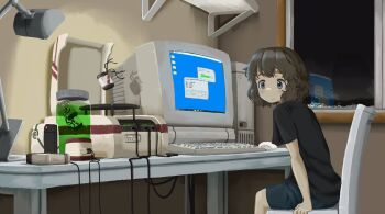 1girl black_hair black_shirt blue_eyes blush cable chair closed_mouth computer computer_keyboard computer_mouse computer_tower crt desk desk_lamp desktop_(computing) floating floating_object highres indoors jar lamp looking_at_object medium_hair monitor night on_chair original reflection science_fiction shadow shelf shirt shorts sitting solo tareme window yoshiryuu