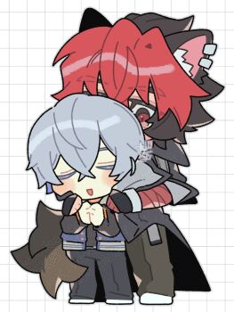 2boys animal_ear_fluff animal_ear_piercing animal_ears bandaged_arm bandages behind_another black_gloves black_hair black_jacket black_pants blue_jacket blush checkered_background chibi chibi_only closed_eyes commentary_request crossed_bangs dog_boy dog_ears dog_tail fingerless_gloves gloves gogogalar grey_hair hair_between_eyes hands_on_another&#039;s_shoulders highres jacket komano_manato looking_at_another male_focus multicolored_hair multiple_boys open_mouth pants red_bandage red_eyes red_hair shoes short_hair tail white_background white_shoes wise_(zenless_zone_zero) zenless_zone_zero