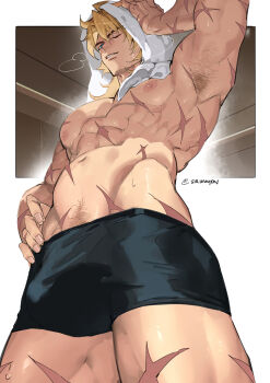 armpit_hair armpits bara boxers eriimyon genshin_impact male male_focus male_underwear pectorals scar tagme underwear varka_(genshin_impact)