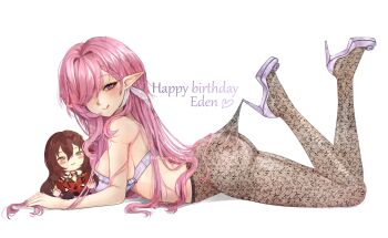 1girl alternate_costume ass bra character_doll commentary doll eden_(honkai_impact) elf elysia_(herrscher_of_human:_ego)_(honkai_impact) elysia_(honkai_impact) english_commentary from_side happy_birthday high_heels highres honkai_(series) honkai_impact_3rd implied_yuri lace_pantyhose lace_pantyhose_hooked_on_heel_(meme) legs_up licking_lips long_hair lying manunya_igruiya meme multicolored_hair on_stomach pink_hair pointy_ears purple_eyes solo tongue tongue_out two-tone_hair underwear very_long_hair white_bra white_hair