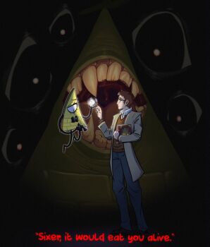 2boys aged_down bill_cipher black_bow black_bowtie black_eyes black_footwear blurry blurry_background body_horror book book_of_bill bow bowtie brown_hair brown_jacket brown_sweater chromatic_aberration cihznat collared_shirt comforting crooked_teeth dilated_pupils extra_eyes fangs film_grain floating ford_pines gravity_falls grey_pants gums half-closed_eyes hat highres holding holding_book holding_unworn_clothes holding_unworn_hat horror_(theme) jacket levitation multiple_boys one-eyed open_clothes open_jacket pants serious sharp_teeth shirt shoes short_hair sideburns slit_pupils sweater teeth tongue top_hat unworn_hat unworn_headwear uvula white_shirt