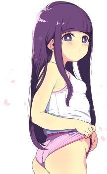1girl aged_down ass blush breasts camisole expressionless female_focus fern_(sousou_no_frieren) highres legs loli long_hair looking_at_viewer panties pink_panties plump purple_eyes purple_hair saga_inu small_breasts solo sousou_no_frieren standing thighs underwear white_background
