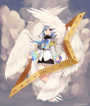 1girl absurdres amane_kanata amane_kanata_(1st_costume) angel barefoot biblically_accurate_angel black_skirt blue_hair blue_ribbon bob_cut bright_pupils closed_mouth colored_inner_hair extra_eyes feathered_wings grey_hair halo highres hololive long_sleeves looking_at_viewer medium_hair miniskirt multicolored_hair multiple_wings neck_ribbon purple_eyes ribbon seraph shirt skirt solo twitter_username virtual_youtuber white_pupils white_shirt wings yoako