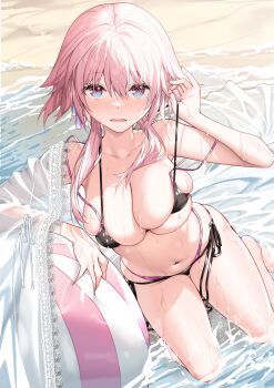 1girl alternate_costume ball bare_legs barefoot beach beachball bikini black_bikini blue_eyes blush boshiruboshiru breasts cleavage commentary day embarrassed from_above full_body hair_between_eyes hair_ribbon hand_in_own_hair highres honkai:_star_rail honkai_(series) kneeling lace_trim large_breasts layered_bikini looking_at_viewer march_7th_(honkai:_star_rail) micro_bikini multi-strapped_bikini_bottom multi-strapped_bikini_top multicolored_eyes navel ocean open_mouth outdoors pink_bikini pink_eyes pink_hair ribbon see-through_clothes short_hair_with_long_locks side-tie_bikini_bottom skindentation solo strap_slip string_bikini swimsuit swimsuit_cover-up wet