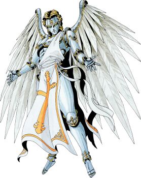 Rule 34 | 1boy, absurdres, android, angel, angel wings, blonde hair, cross, demon (megami tensei), feathered wings, full body, gold, green eyes, highres, joints, kazuma kaneko, looking at viewer, male focus, marker (medium), metatron (megami tensei), official art, retro artstyle, robot joints, scan, shin megami tensei, shin megami tensei ii, solo, tabard, third-party source, traditional media, transparent background, wings