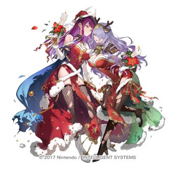 Rule 34 | 2girls, animal ears, antlers, breasts, camilla (fire emblem), camilla (flurry embrace) (fire emblem), candle, christmas, cleavage, color connection, commentary request, deer ears, fake animal ears, fake antlers, female focus, fire, fire emblem, fire emblem engage, fire emblem fates, fire emblem heroes, fishnet thighhighs, fishnets, full body, gloves, hair color connection, hair over one eye, holding, holding candle, horns, in-franchise crossover, ivy (fire emblem), ivy (flurry embrace) (fire emblem), kakage, large breasts, long hair, looking at viewer, matching hair/eyes, mole, mole under mouth, multiple girls, nintendo, official alternate costume, official art, open mouth, purple eyes, purple hair, reindeer antlers, see-through clothes, see-through veil, smile, thighhighs, torn clothes, torn thighhighs, trait connection, veil, very long hair, wavy hair