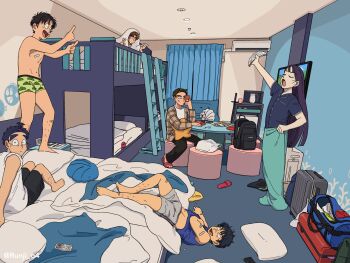 6+boys :o against_bed alternate_costume alternate_hair_length alternate_hairstyle alternate_universe announcement arm_up backpack bag bed black_shorts blanket blanket_veil blue_shirt boxer_briefs bunk_bed buttons ceiling_light closed_eyes cloud_print contemporary curtains dorm duffel_bag flat_screen_tv green_male_underwear grey_shorts hair_down highres holding holding_paper holding_phone index_fingers_raised indoors jacket kema_tomesaburou ladder long_hair looking_at_another looking_at_viewer male_focus male_underwear midriff_peek multiple_boys nakazaike_chouji nanamatsu_koheita navel on_bed open_clothes open_jacket pajamas paper perspective phone pillow plaid_clothes plaid_jacket plastic_bag print_clothes print_male_underwear print_underwear rakudai_ninja_rantarou runji_o4 sandals sanpaku shioe_monjirou shirt short_hair shorts sparse_leg_hair star-shaped_pillow suitcase sword table tachibana_senzou taking_picture television topknot topless_male towel towel_around_waist u_u underwear underwear_only unworn_backpack unworn_bag unworn_footwear v w weapon white_shirt zenpouji_isaku