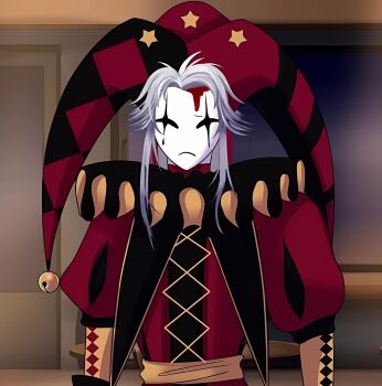 blush circus clown colored_skin highres horror_(theme) looking_at_viewer pierrot_(the_freak_circus) scary_face smile teeth the_freak_circus visual_novel white_skin yellow_eyes