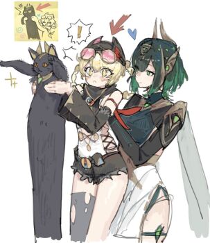 ! 2girls :&lt; animal arrow_(symbol) ashru_(genshin_impact) black_cat black_hair black_shoes blonde_hair blush braid cat closed_mouth commentary cowboy_shot detached_sleeves eyewear_on_head genshin_impact green_eyes green_hair hashtag-only_commentary heart holding holding_animal holding_cat jahoda_(genshin_impact) longcat_(meme) looking_at_another meme mituku2489291 multicolored_hair multiple_girls nefer_(genshin_impact) pink-tinted_eyewear shoes tinted_eyewear torn twin_braids two-tone_hair yellow_eyes