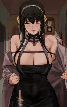 1girl artist_request bare_shoulders black_dress black_hair breasts cleavage dress highres j@ck long_hair one_eye_closed red_eyes solo spy_x_family yor_briar