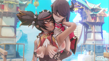 2girls 3d armpits beidou_(genshin_impact) black_hair breasts breasts_out brown_hair dark-skinned_female dark_skin dragk genshin_impact grabbing_another&#039;s_breast groping highres multiple_girls nipples xinyan_(genshin_impact) yellow_eyes yuri