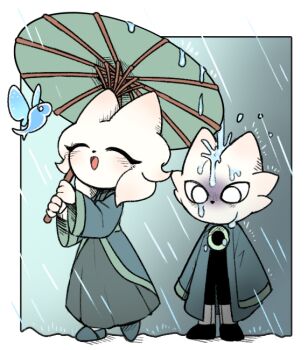 1boy 1girl ^_^ aqua_umbrella border brother_and_sister cat_boy cat_girl closed_eyes eyelashes furry furry_female furry_male heng_(nine_sols) holding holding_umbrella mystic_nymph_(nine_sols) nine_sols oil-paper_umbrella open_mouth outside_border rain siblings smile standing umbrella wet white_border white_eyes white_fur yi_(nine_sols) yyang_gg