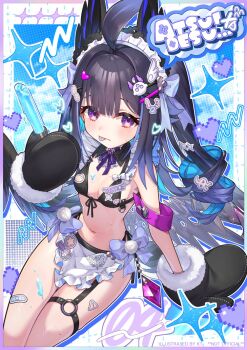 1girl ahoge armband artist_name bikini bird_tail black_bikini blue_hair blue_tongue blush breasts colored_inner_hair colored_tongue decora detached_collar dot_nose enna_alouette enna_alouette_(decora) food fur-trimmed_mittens fur_trim hair_intakes head_wings heart highres holding holding_food holding_popsicle invisible_chair kt._(kaisou-notagui) looking_at_viewer low_wings maid maid_bikini maid_headdress melting_popsicle mittens multicolored_hair navel nijisanji nijisanji_en outline petite popsicle purple_armband purple_eyes purple_hair sitting small_breasts solo sparkle sweat swimsuit tail tongue tongue_out unconventional_maid virtual_youtuber white_outline wings