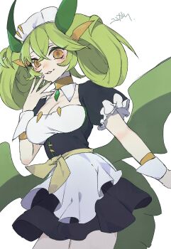 1girl apron black_dress blush breasts choker cleavage detached_collar dragon_girl dragon_horns dragon_tail dragon_wings dress duel_monster frilled_hairband frills green_hair hair_between_eyes hair_ornament hairband highres horns kokodari maid maid_apron maid_headdress medium_breasts open_mouth orange_eyes parlor_dragonmaid puffy_short_sleeves puffy_sleeves short_sleeves simple_background smile solo tail white_background wings wrist_cuffs yellow_choker yu-gi-oh!