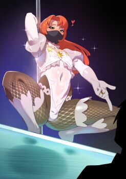 1boy absurdres blush bow bowtie bulge combos_&amp;_doodles covered_navel fishnets gloves green_eyes heart highres jewelry long_hair male_focus mask mouth_mask navel orange_hair original pole pole_dancing puffy_sleeves ring sparkle spread_legs squatting stripper stripper_pole trap white_bow white_bowtie white_gloves