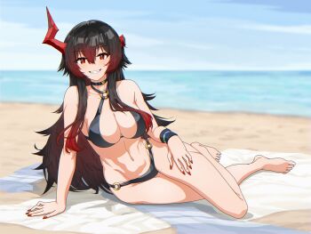 1girl absurdres arm_support asymmetrical_horns azur_lane bare_shoulders barefoot beach beach_mat bikini black_bikini black_choker black_hair blue_sky blurry blurry_background breasts broken_horn choker cleavage cloud collarbone commentary commission day english_commentary full_body grin groin hair_between_eyes highres horns large_breasts long_hair looking_at_viewer magdeburg_(azur_lane) magdeburg_(gone_fishing)_(azur_lane) mole mole_on_thigh multicolored_hair nail_polish navel o-ring o-ring_bikini ocean official_alternate_costume outdoors pixiv_commission poku_(lifefailurelol) red_eyes red_hair red_horns red_nails scar shadow sidelocks sky smile solo stomach swimsuit teeth variant_set