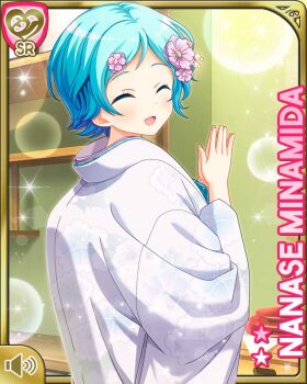 Rule 34 | 1girl, blue eyes, blue hair, bride, crescent, crescent hair ornament, day, female focus, flower, girlfriend (kari), hair flower, hair ornament, indoors, japanese clothes, kimono, matching hair/eyes, minamida nanase, official art, open mouth, pink flower, qp:flapper, short hair, smile, socks, solo, standing, star (symbol), star hair ornament, white kimono