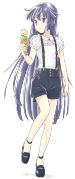 Rule 34 | 1girl, akatsuki (log horizon), black shorts, female focus, food, full body, hair between eyes, holding, holding food, ice cream, jewelry, log horizon, long hair, necklace, purple eyes, purple hair, shirt, shoes, short shorts, short sleeves, shorts, simple background, sketch, solo, suspender shorts, suspenders, very long hair, walking, white background, white shirt, zuihou (haga yui)