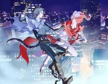 2boys animal_ears belt black_hair blue_capelet blue_pants blue_shirt boots brown_belt brown_boots capelet cat_ears cat_tail city_lights cityscape claws eye_contact face_piercing floating_clothes florian_brand florian_brand_(spirit_fox) full_body fuyao_(kafeiwww) half_capelet hat highres identity_v jacket lip_piercing looking_at_another male_focus matthias_czernin matthias_czernin_(striding_between_realms) midair multicolored_hair multiple_boys pants photo_background piercing red_hair red_scarf scarf shirt sleeves_rolled_up split-color_hair striped_clothes striped_shirt tail white_hair white_hat white_jacket white_pants yellow_eyes