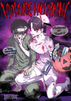 1boy 1girl akita_masamichi bandages basket black_hair blood blood_on_arm blood_on_breasts blood_on_clothes blood_on_face blood_on_hands blood_on_hat blood_on_leg blood_on_neck bouryoku_banzai breasts brown_hair candy cellphone chocolate chocolate_bar cleavage dark_background dress earrings english_text floating_hair food grey_pants grey_shirt halloween halloween_costume hand_on_another's_face hat highres holding holding_basket iphone jack-o'-lantern jewelry kneeling knife_in_head large_breasts long_hair lotion_bottle mole mole_under_eye nadainishi nurse nurse_cap object_through_head official_art open_mouth pale_skin pants parted_lips phone pink_dress pink_shoes purple_background red_eyes rikudou_setsuna shirt shoes short_dress short_hair short_sleeves signature smartphone speech_bubble stud_earrings thighhighs torn_clothes torn_shirt very_long_hair watch white_thighhighs
