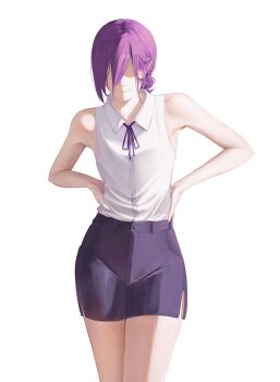 1girl absurdres chainsaw_man closed_mouth collared_shirt cyansanu hands_on_own_hips highres neck_ribbon purple_hair purple_ribbon purple_shoes reze_(chainsaw_man) ribbon shirt shirt_tucked_in shoes simple_background sleeveless sleeveless_shirt smile solo white_background white_shirt