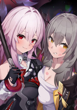 1girl 2girls absurdres band_(skymole01) bare_shoulders black_dress black_gloves blush breast_press breasts brown_eyes brown_jacket cleavage closed_mouth collarbone commentary dress empty_eyes english_commentary evernight_(honkai:_star_rail) gloves grey_hair hair_between_eyes highres holding holding_umbrella honkai:_star_rail honkai_(series) jacket large_breasts lipstick_mark long_hair long_sleeves looking_at_viewer march_7th_(honkai:_star_rail) multiple_girls open_clothes open_jacket parted_lips pink_hair red_eyes shirt smile stelle_(honkai:_star_rail) symmetrical_docking trailblazer_(honkai:_star_rail) umbrella upper_body white_shirt yuri