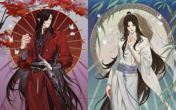 2boys absurdly_long_hair absurdres arm_at_side autumn_leaves bamboo_leaf bandaged_neck bandaged_wrist bandages beads belt bishounen black_hair black_nails black_pants black_sash blue_background bracelet branch brown_hair bug butterfly butterfly_necklace butterfly_on_hand chinese_clothes chinese_peony circle contrapposto cursed_shackle curtained_hair earrings eyepatch facing_viewer falling_petals feet_out_of_frame fingernails floating_hair flower glowing glowing_butterfly gold_trim gradient_background green_background grey_background grey_eyes hair_bun half-closed_eyes hand_on_weapon hand_up hanfu hat highres holding holding_flower hoop_earrings hua_cheng insect jewelry leaf light_rays light_smile long_hair long_sidelocks long_sleeves looking_at_animal looking_at_another looking_down looking_to_the_side male_focus mandarin_collar motudou multiple_boys necklace o-ring oil-paper_umbrella pale_skin pants parted_bangs parted_lips petals pink_background pink_flower pointy_ears puffy_long_sleeves puffy_sleeves red_eyes red_hanfu red_umbrella rice_hat sash scimitar see-through_clothes see-through_veil shadow sharp_fingernails sheath sheathed side_slit sidelocks signature silhouette silver_belt silver_bracelet silver_earrings silver_necklace silver_trim simple_background single_hair_bun split_screen standing straight_hair string string_around_finger string_of_fate swept_bangs sword sword_tassel tassel tianguan_cifu tree umbrella unworn_hat unworn_headwear veil very_long_hair wavy_hair weapon white_butterfly white_hanfu wide_sleeves xie_lian yellow_background