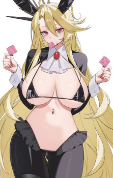1girl ahoge alternate_costume animal_ears ascot asymmetrical_bangs bikini bikini_top_only black_bikini black_pantyhose blonde_hair blood blood_on_face breasts brooch chunta commentary condom condom_in_mouth condom_wrapper cowboy_shot crotch_zipper curtained_hair don_quixote_(project_moon) expressionless eyelashes fake_animal_ears frilled_pantyhose gem gluteal_fold hair_between_eyes highres holding holding_condom jewelry large_breasts limbus_company long_hair looking_at_viewer mouth_hold nail_polish navel navel_piercing pantyhose parted_bangs piercing project_moon rabbit_ears red_eyes red_gemstone red_nails reverse_bunnysuit reverse_outfit sancho_(project_moon) simple_background solo standing string_bikini swimsuit thigh_gap very_long_hair white_ascot white_background white_wrist_cuffs wrist_cuffs