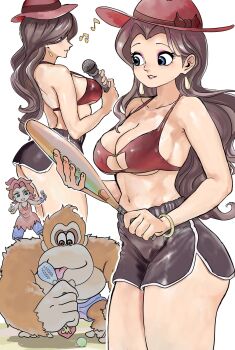 1girl ape bare_shoulders bikini black_shorts blue_eyes blue_pants bracelet breasts brown_hair cleavage collarbone dolphin_shorts donkey_kong donkey_kong_(series) donkey_kong_bananza dress earrings eyeshadow gold_earrings gorilla hat highres holding holding_microphone holding_tennis_racket jewelry large_breasts lipstick long_hair makeup mario_(series) mario_tennis microphone musical_note nintendo open_mouth pants parted_lips pauline_(mario) pauline_(young)_(mario) purple_eyeshadow racket red_bikini red_dress red_lips shorts smile sukoyaka_tsukasa swimsuit tennis_racket