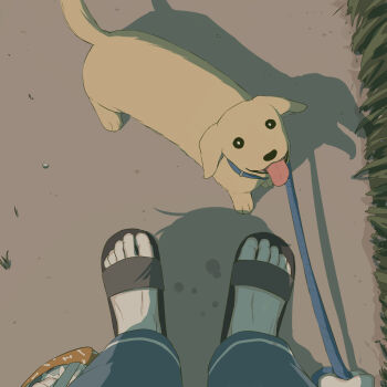 1boy absurdres avogado6 bag barefoot_sandals_(jewelry) blue_pants commentary crying day dog feet from_above grass highres holding holding_bag holding_leash leash looking_at_viewer looking_up original outdoors pants path pet_walking pov pov_hands pov_legs road sandals shadow solo tears toe_scrunch